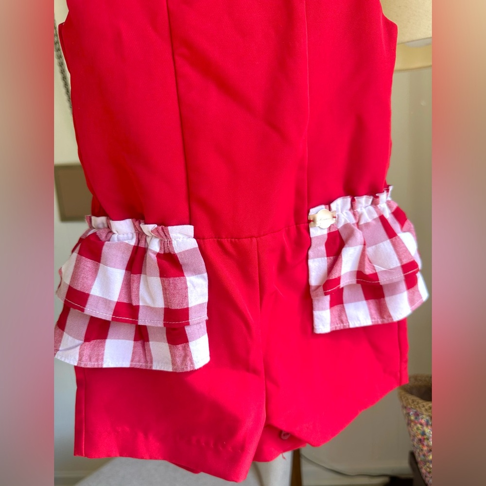 Red Gingham Ruffle Toddler Jumpsuit. - Picture 5 of 5